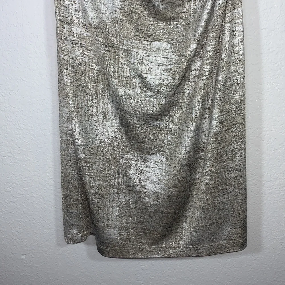 Connected Apparel Metallic Gold Faux Wrap Midi Dress Size 8 Holiday Party